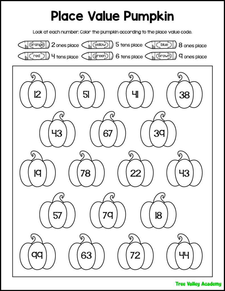 2nd grade pumpkin place value worksheet where kids color pumpkins based on the tens or ones digit