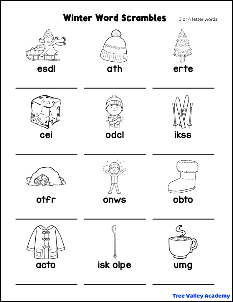 Easy printable winter word scramble for kids. Each of the 12 jumbled winter words are only 3 or 4 letters long. There's a picture for each word.