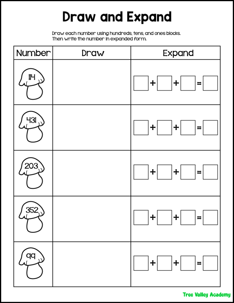 2nd grade expanded form worksheet for drawing 3-digit numbers with hundreds, tens, and ones blocks