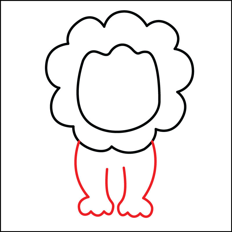 Easy to draw the front legs of a simple lion in step 3 of drawing a lion for kids.