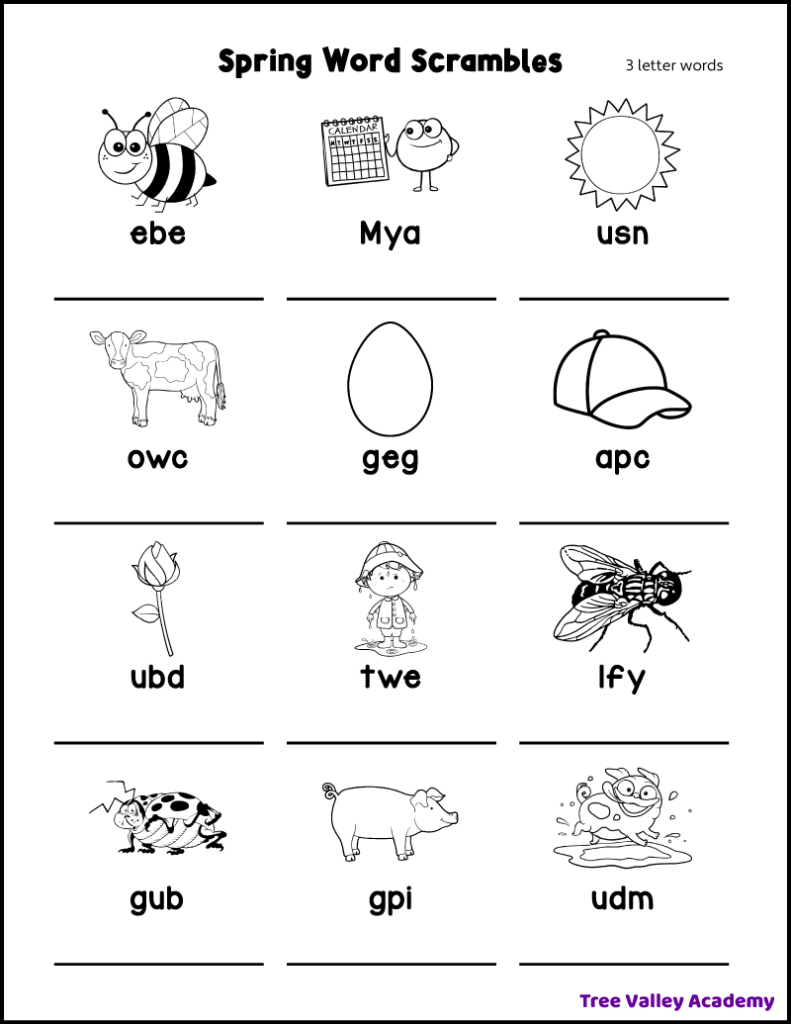 Easy printable 3 letter spring word scramble for kids. The puzzle has 12 jumbled spring words with a black and white drawing above each word.