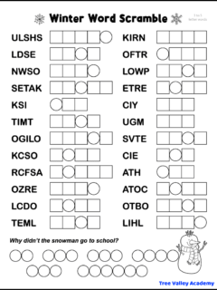 Free printable easy winter word scramble for kids with 24 jumbled 3 to 5 letter winter words to unscramble. When finished, the letters in the circles will spell the answer to a winter joke: 