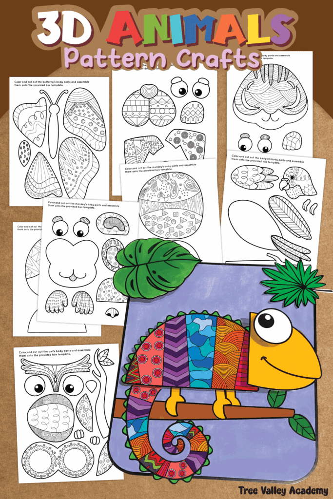 Free printable 3D animal crafts for kids to color, cut, and assemble