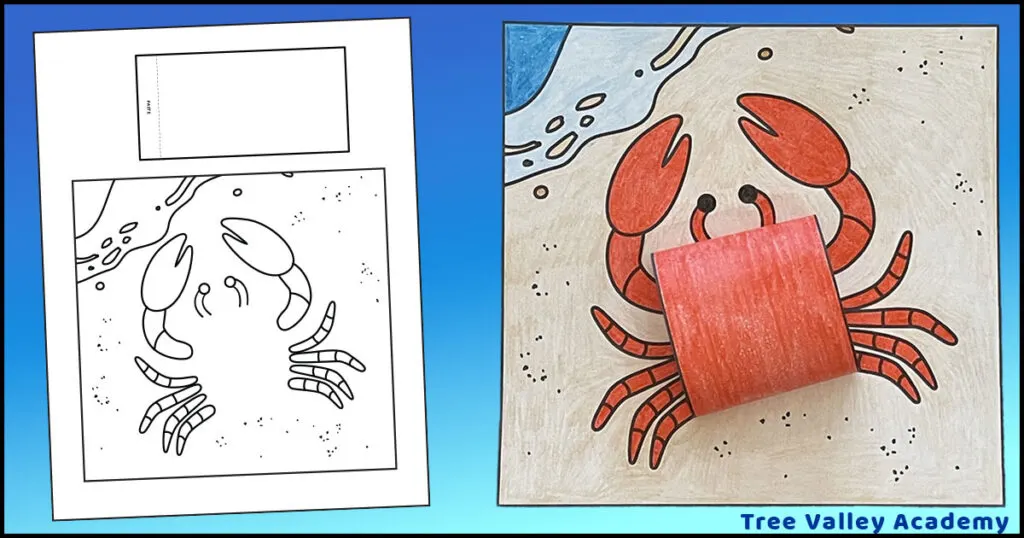 Free printable 3D crab coloring page for kids showing both the printable coloring page and what it looks like when fully colored with its 3D body.
