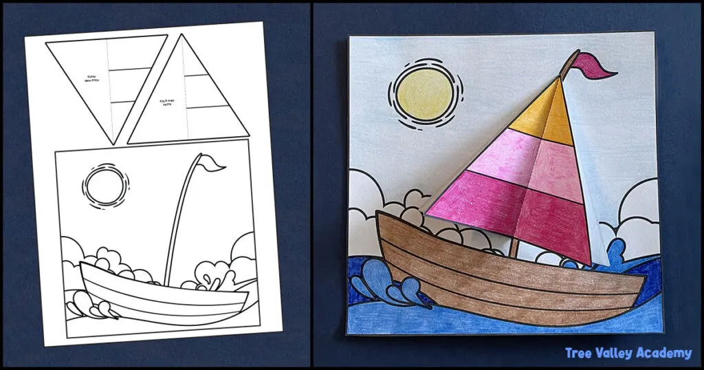 Free printable 3D sailboat coloring page for kids showing a simple black and white sailboat picture and a finished colorful version with a pop-up sail.