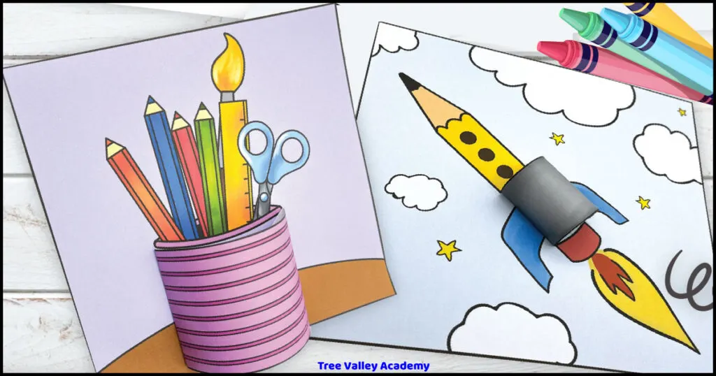 Two finished 3D coloring pages and crafts. There's a coloring page of a pencil rocket in the sky. The rocket has a 3D element: a paper rolled into a cylinder and glued onto the rocket. And there's a 3D container holding pencil crayons, a scissor, a ruler, and a paintbrush.