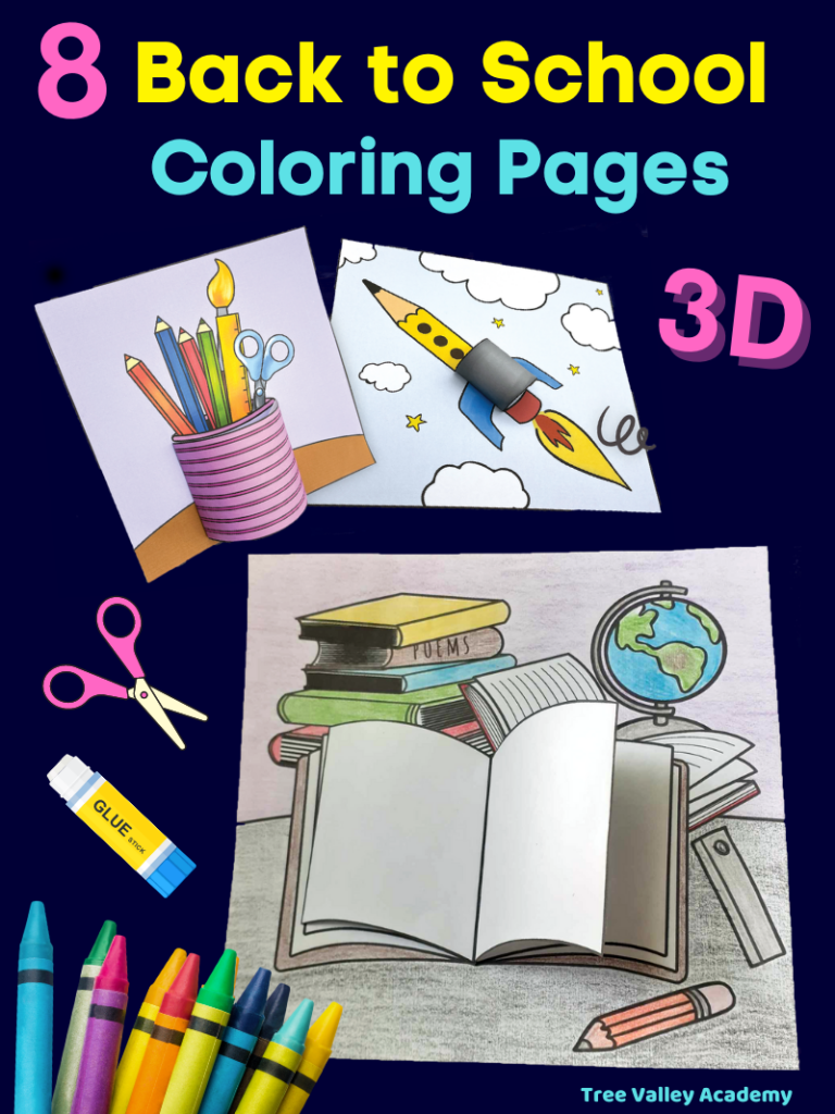 8 free printable back to school 3D coloring pages. It includes a book coloring page with stacks of books, a globe, ruler, pencil, and an open book with a 3D page. There's also a pencil-shaped rocket coloring page. The rocket is in the sky and has a 3D element for kids to glue on. There's also a school coloring page with 4 pencil crayons, a ruler, scissors, and a paintbrush in a 3D pencil holder. Kids will need crayons, a glue stick, and scissors for this fun back to school activity.
