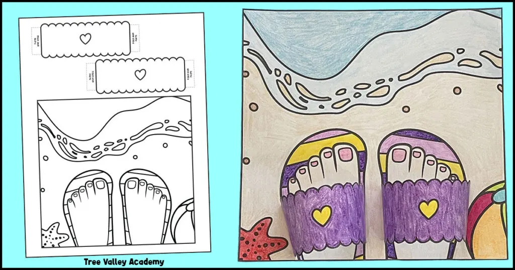 Printable black and white 3D summer sandals coloring page showing feet on the beach, with the finished 3D colored craft.