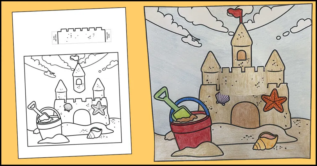 Free printable 3D sandcastle coloring page on the left with finished, colored sandcastle coloring page on the right. There's a 3D element of the coloring page that has been glued on. The coloring page also shows a sandy area, with a pail and shovel and a shell. The castle has a flag, shell, and a sea star.