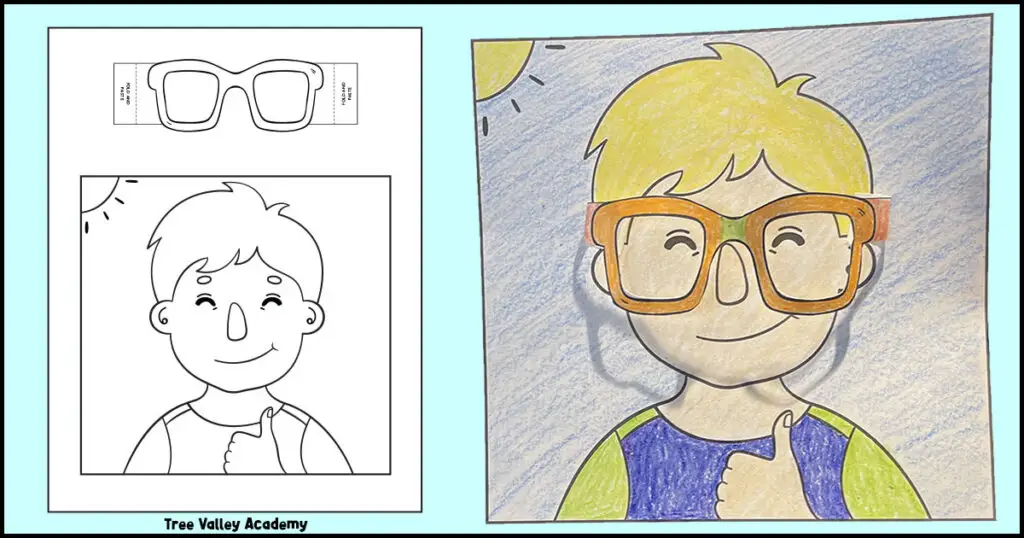 Free printable 3D summer boy coloring page beside the finished colored coloring page showing the 3D pop-up sunglasses.
