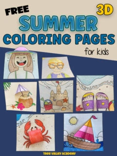 7 free printable 3D summer coloring pages for kids, including a sandcastle, sailboat, crab, tropical drink, summer girl, summer boy, and feet in beach sandals.