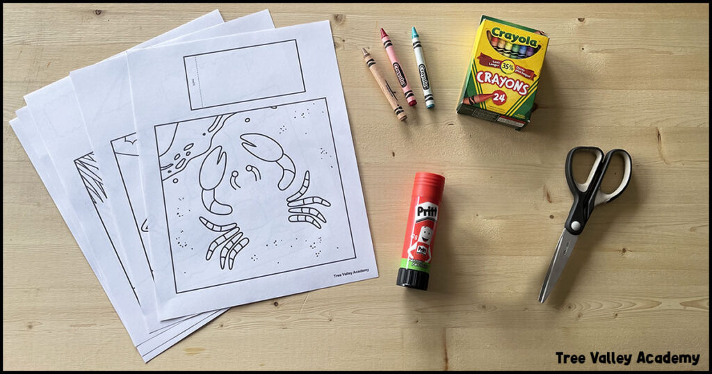 The supplies for 3D summer coloring pages for kids: the printout of the coloring pages, crayons, a glue stick, and scissors.