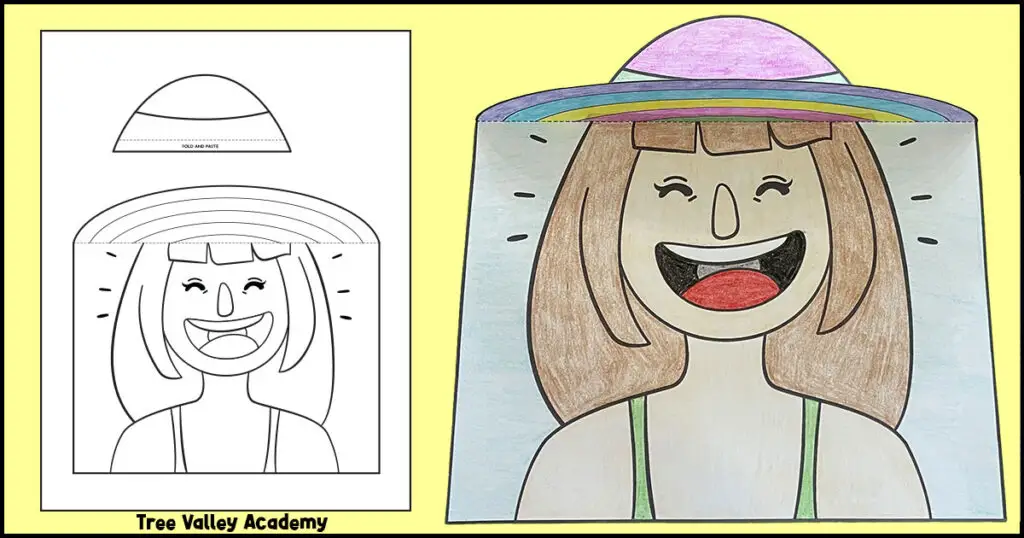 A free printable 3D summer girl coloring page with the printable version on the left and a finished colored version on the right. The summer coloring page is of a smiling girl with a large beach. The rim of the hat is a 3D element that's made with an easy fold. The top of the hat is then glued on the top of the fold.