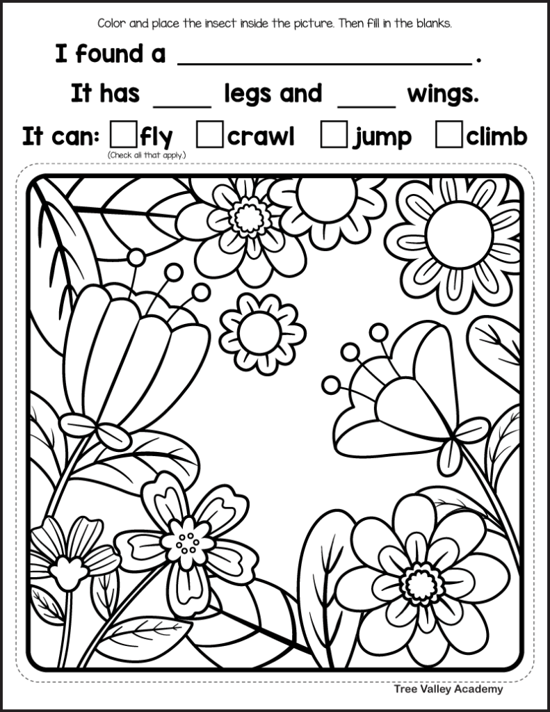 insect coloring page with fill in the blank questions and flower scene printable