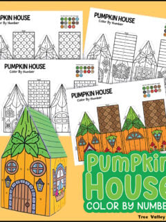 Free printable pumpkin color by number worksheets with 3 pumpkin house designs and a completed 3D paper craft.