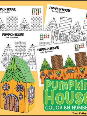 Free printable pumpkin color by number worksheets with 3 pumpkin house designs and a completed 3D paper craft.