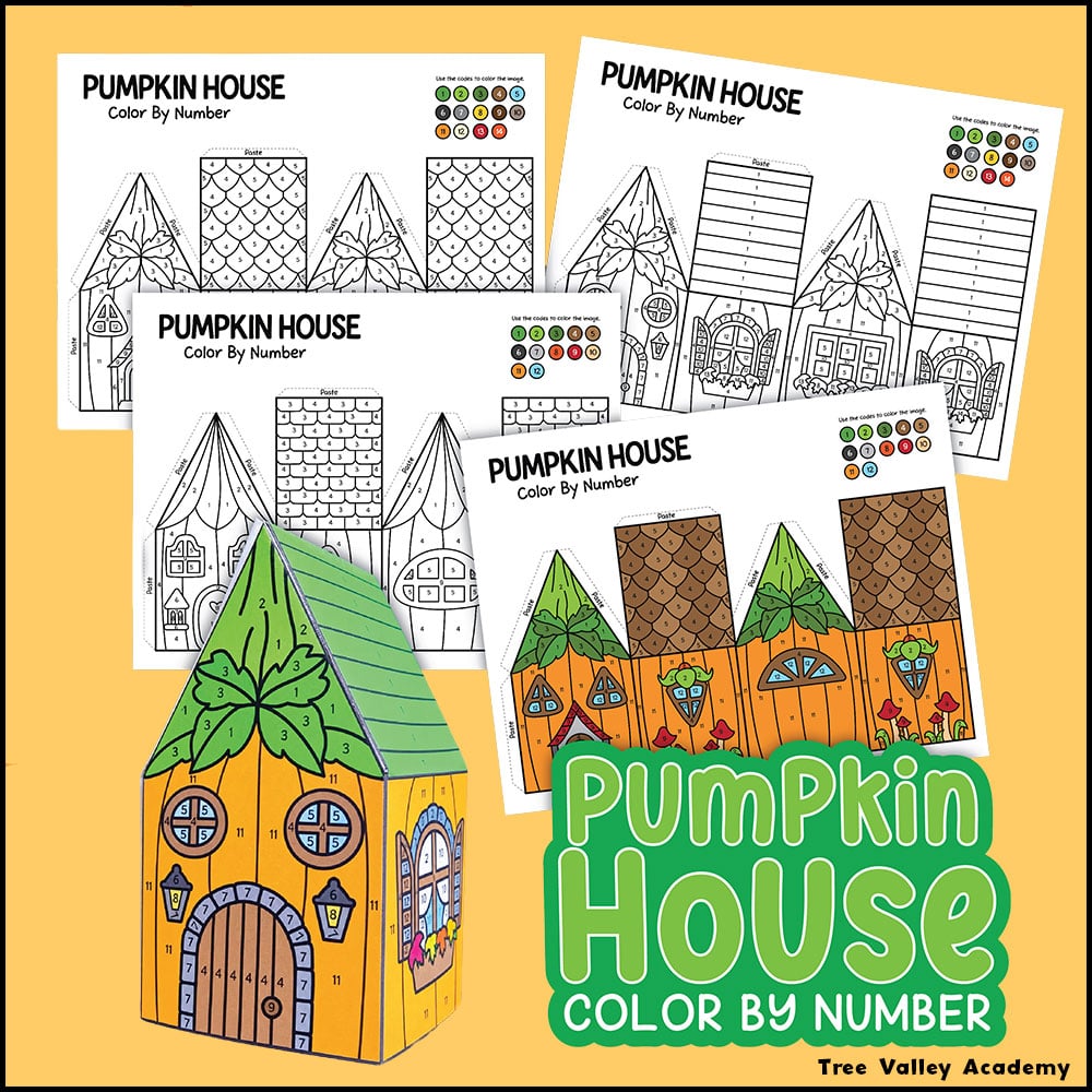 Free printable pumpkin color by number worksheets with 3 pumpkin house designs and a completed 3D paper craft.