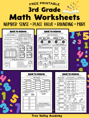 Free printable 3rd grade back to school math worksheets for number sense, place value, rounding, expanded form, addition, and subtraction