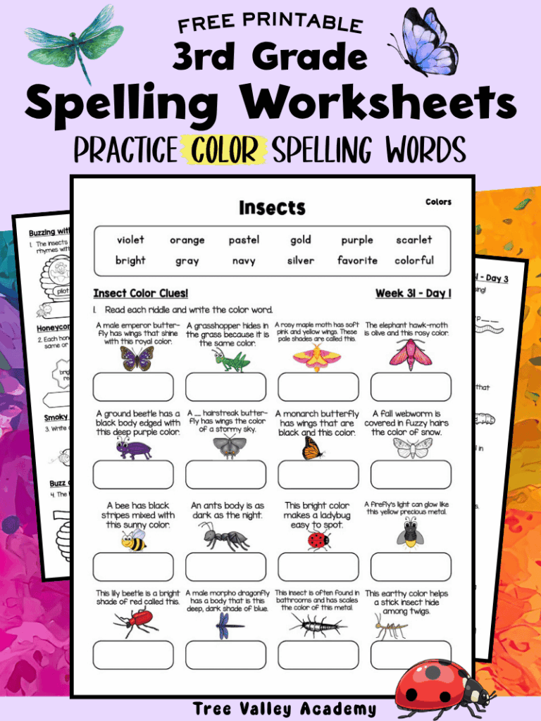 Free printable 3rd grade color spelling worksheets with insect-themed spelling activities that help students practice spelling color words.