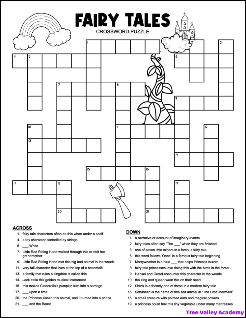 A printable fairy tale crossword puzzle for kids around 3rd grade. The black and white puzzle is decorated with Jack and the Beanstalk type images: a castle above a cloud, a beanstalk, an ax, and a rainbow. The puzzle has 24 clues to solve.