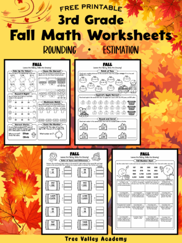 Free printable 3rd grade fall math worksheets for rounding, estimation, place value, addition, and subtraction