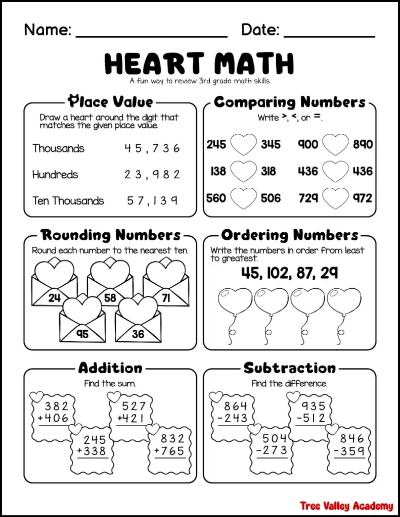 Free 3rd Grade Heart Themed Math Worksheets (3-Page Printable)