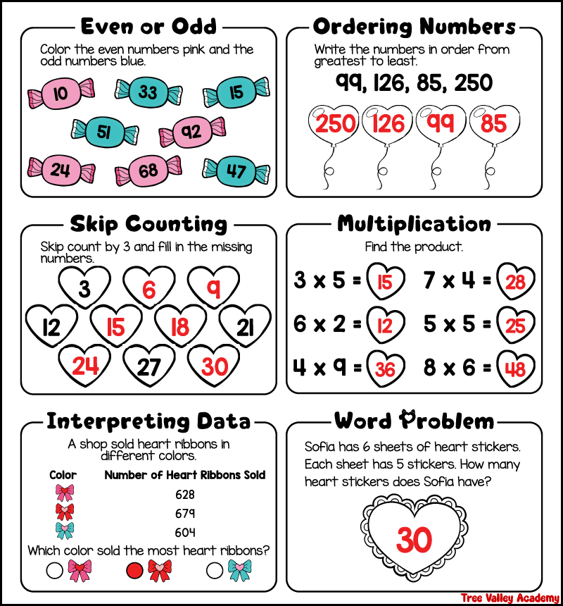 Free 3rd Grade Heart Themed Math Worksheets (3-Page Printable)
