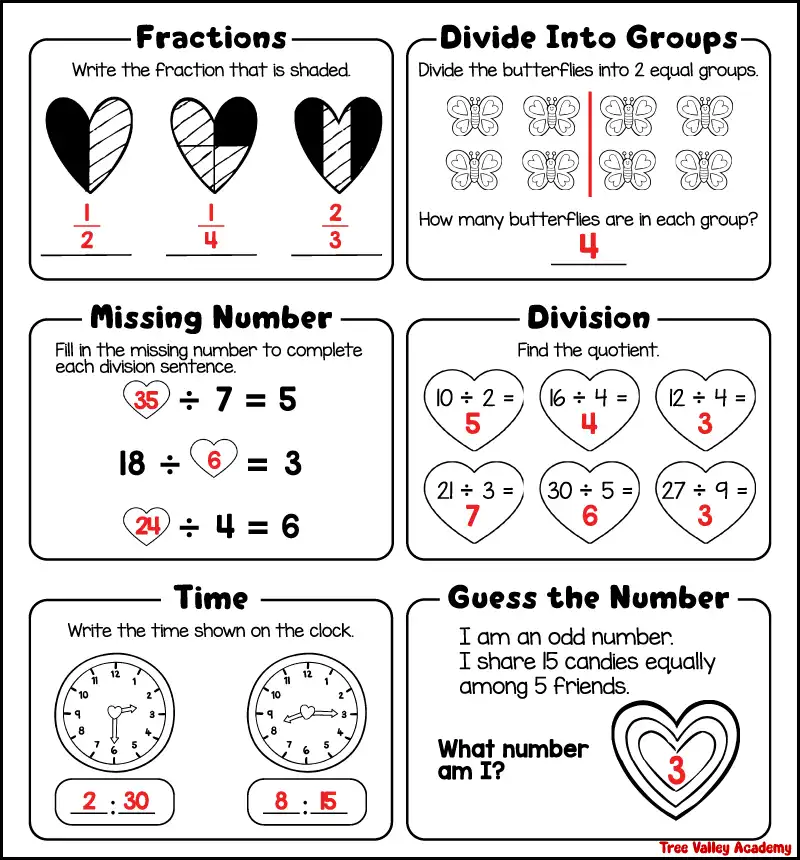 Heart themed 3rd grade math worksheet answer key showing completed fractions, division, equal groups, missing numbers, telling time, and problem solving answers.