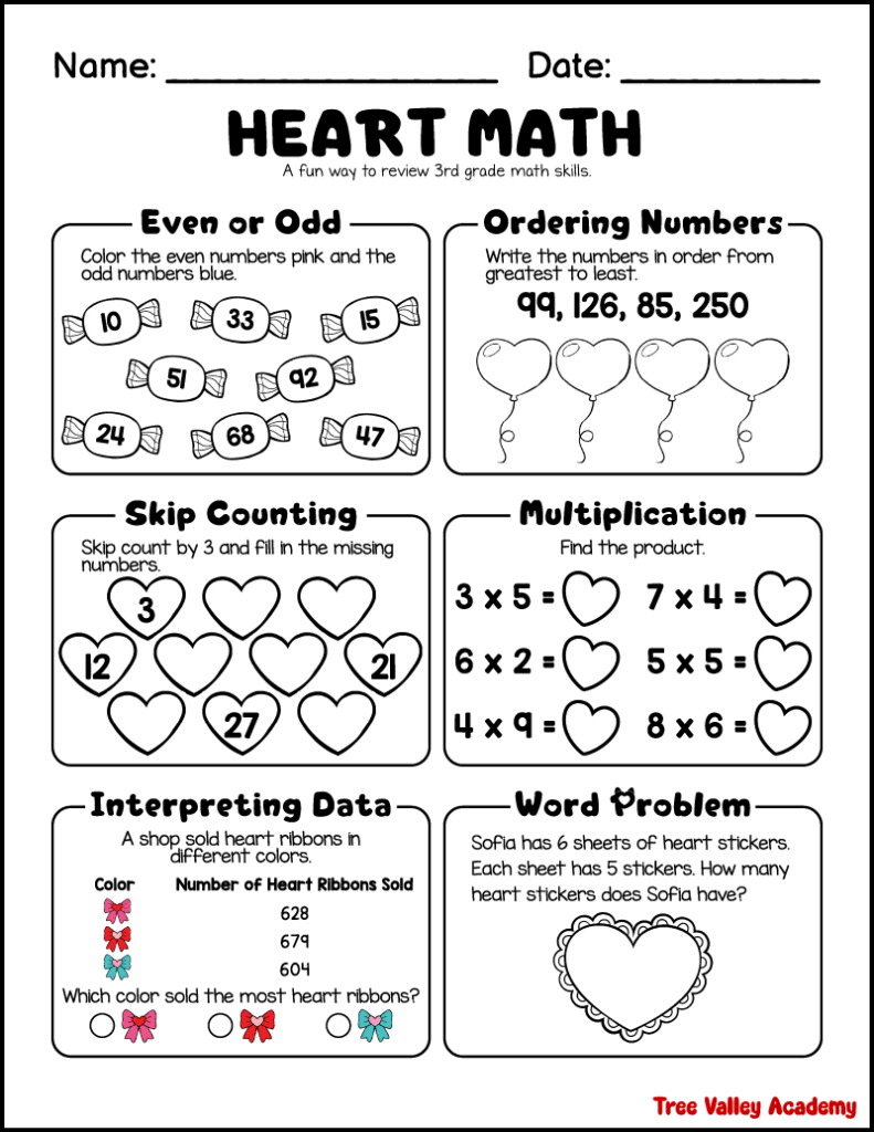 Free 3rd Grade Heart Themed Math Worksheets (3-Page Printable)