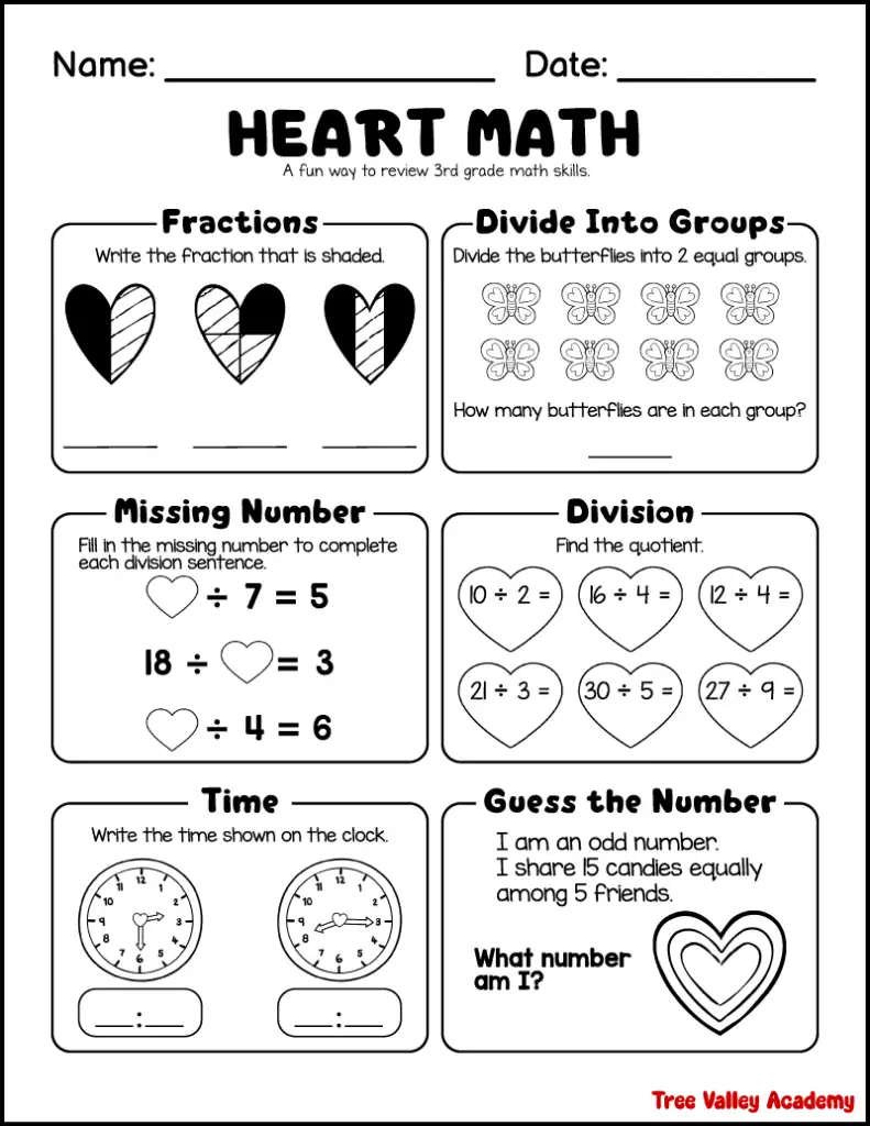 Heart themed 3rd grade math worksheet with fractions, division, grouping, telling time, and problem solving activities.