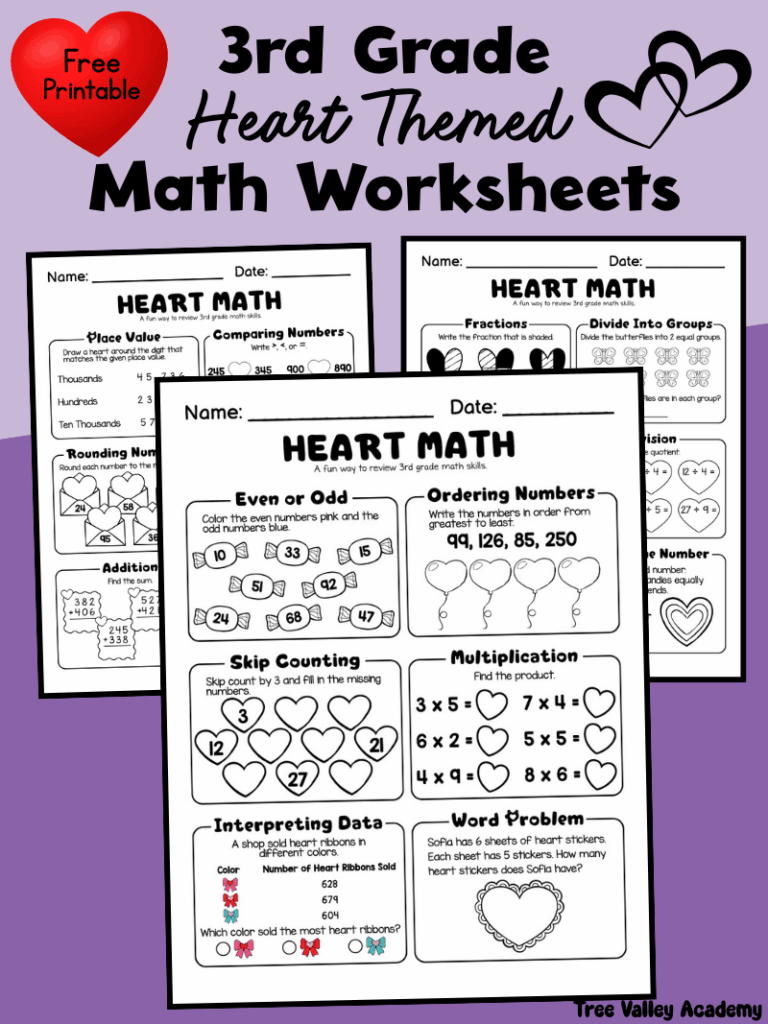 Free 3rd Grade Heart Themed Math Worksheets (3-Page Printable)