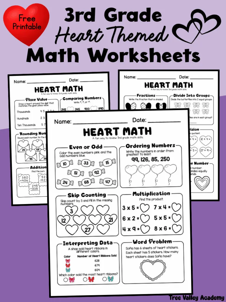 Free printable heart themed 3rd grade math worksheets covering multiple math skills.