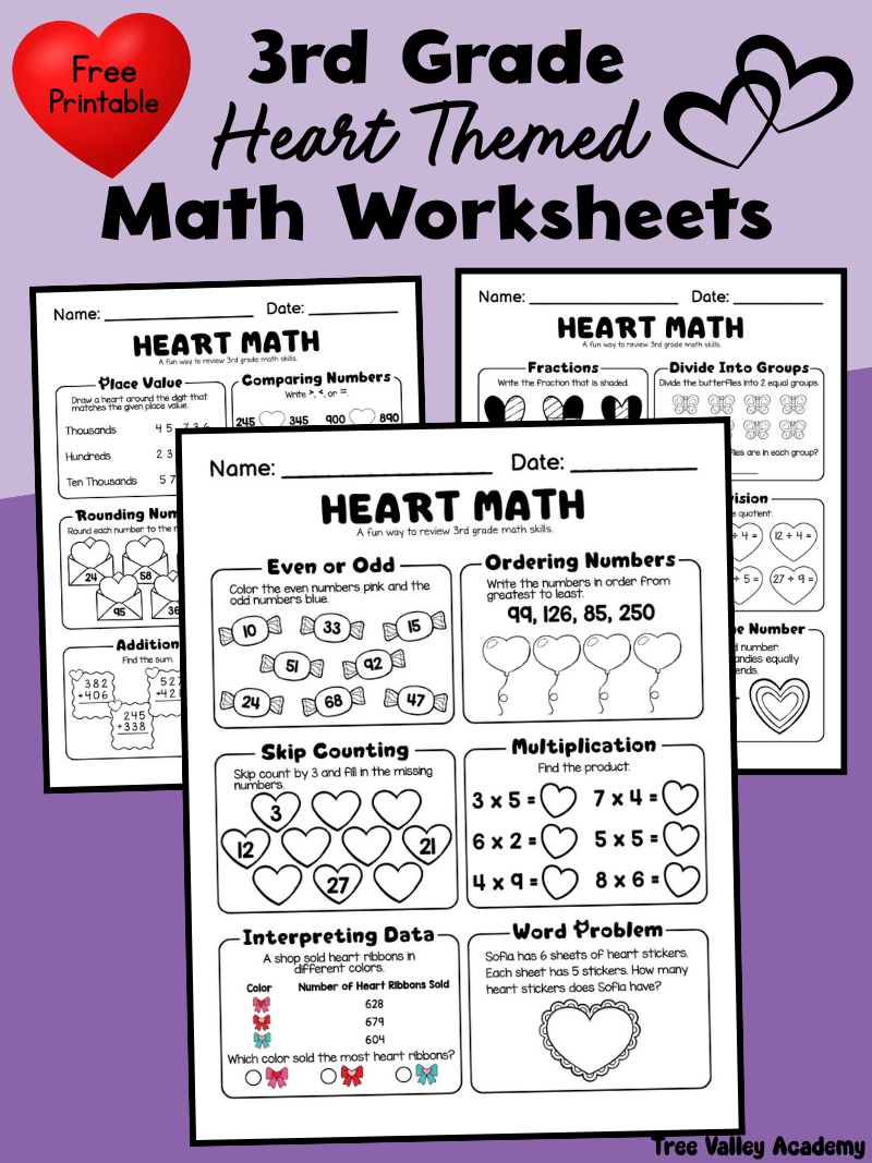 Free 3rd Grade Heart Themed Math Worksheets (3-Page Printable)
