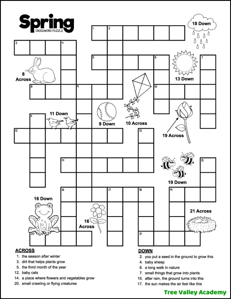 a free printable spring crossword puzzle for kids around 3rd grade with a mix of picture and word clues