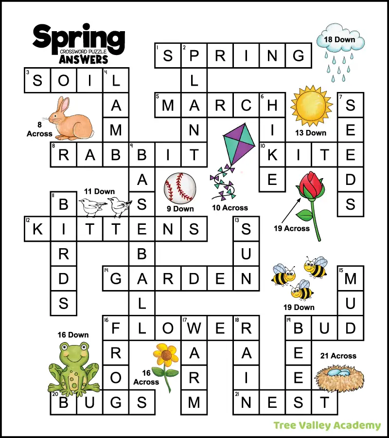 the answer key for a printable spring crossword puzzle for kids around 3rd grade