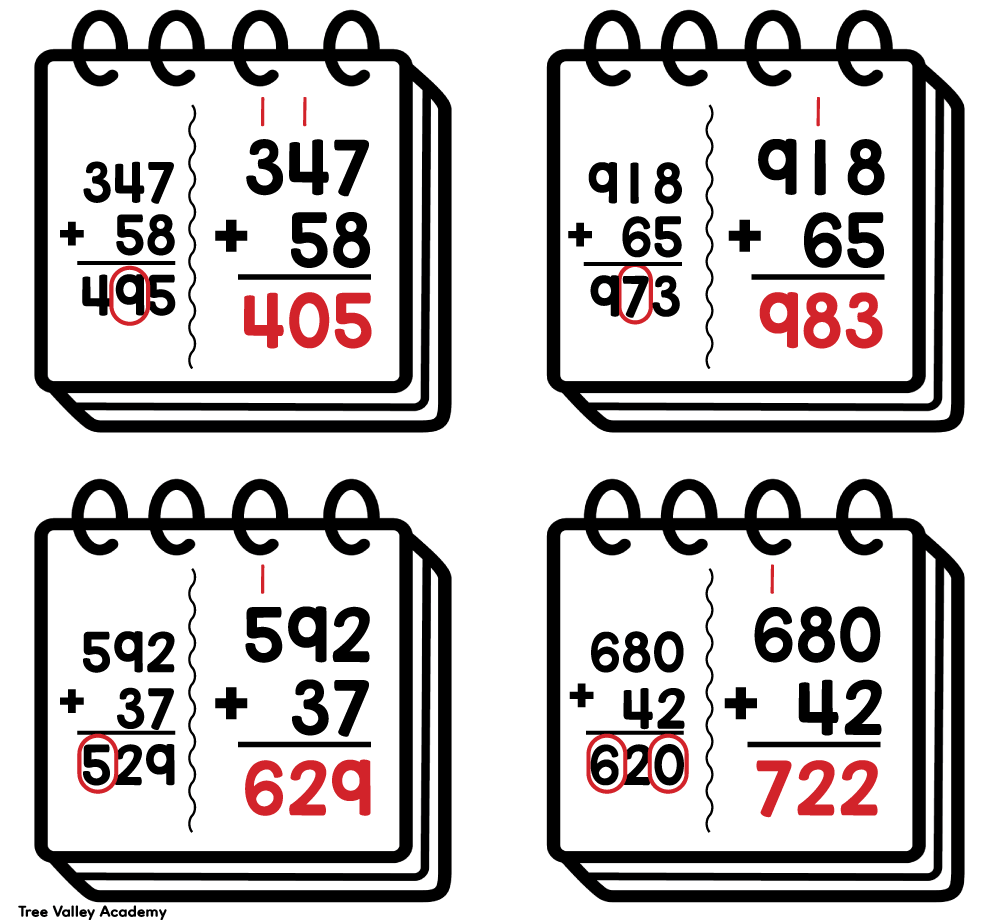 Answer key for 3rd grade addition problems showing mistakes and corrected sums