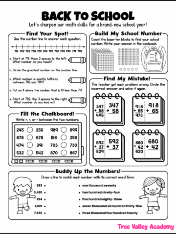 3rd grade back to school math worksheet with number lines, base ten blocks, comparing numbers, addition, and number word practice.