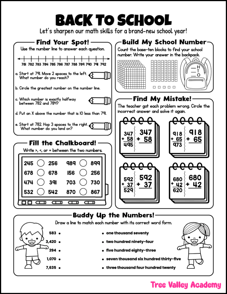 3rd grade back to school math worksheet with number lines, base ten blocks, comparing numbers, addition, and number word practice.