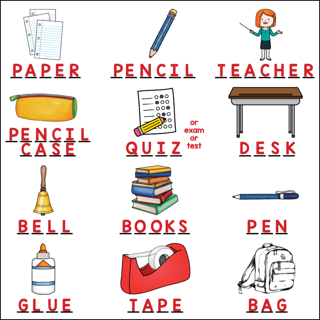 Answer key for 3rd grade back to school picture spelling words
