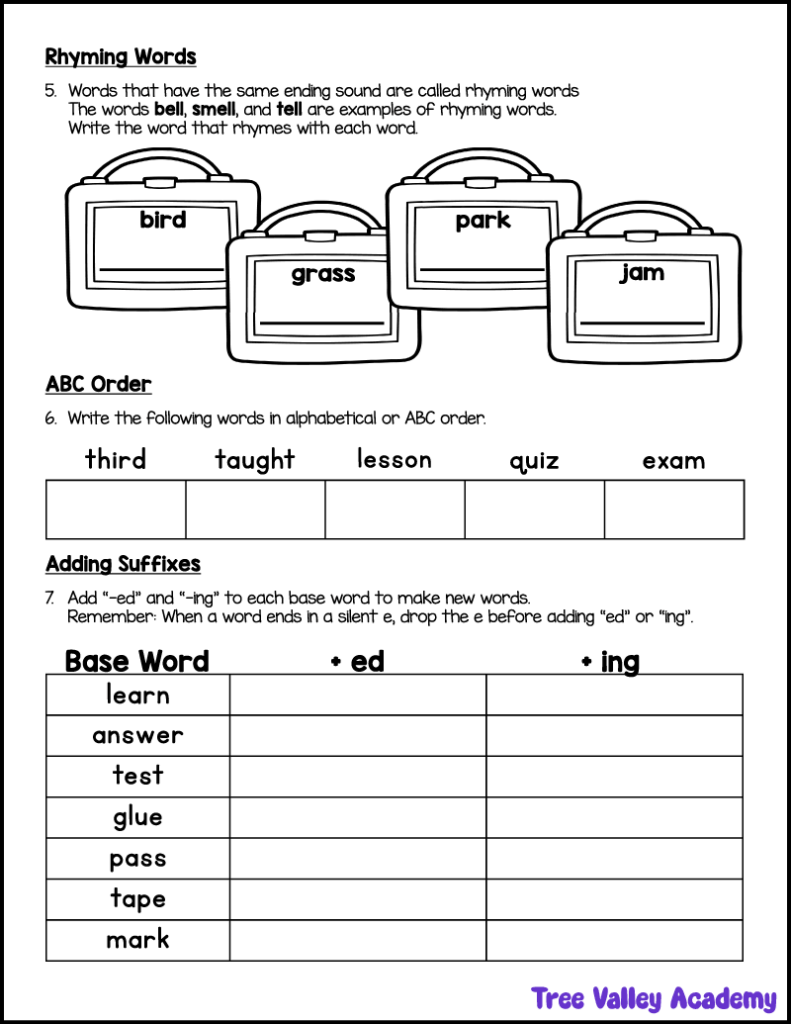 3rd grade spelling worksheet with rhyming words, ABC order, and adding ed and ing suffixes