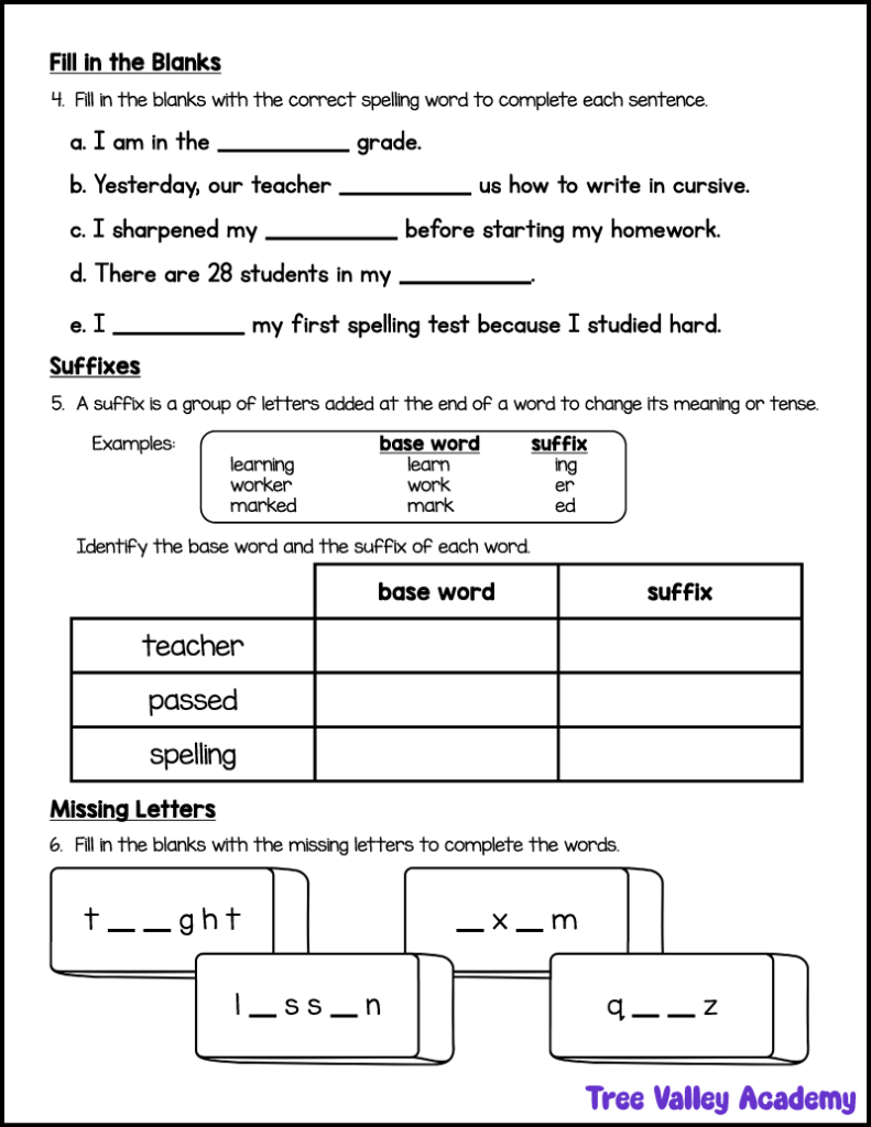 3rd grade spelling worksheet with fill in the blanks, suffixes, and missing letter activities