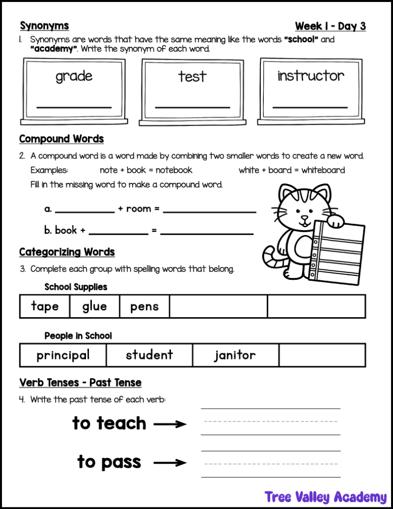 3rd grade spelling worksheet with synonyms, compound words, word categories, and past tense verbs