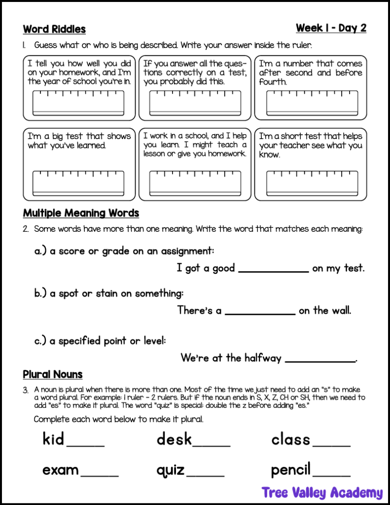 3rd grade spelling worksheet with word riddles, multiple meaning words, and plural noun practice
