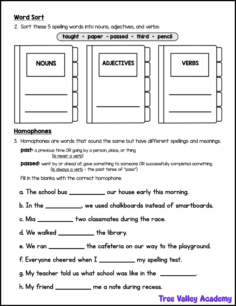 3rd grade spelling worksheet with a parts of speech word sort and past and passed homophone practice