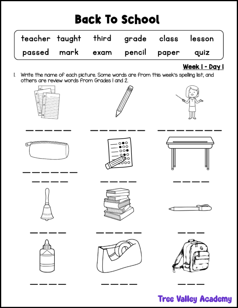 Free printable 3rd grade back to school spelling worksheet with school-themed picture words