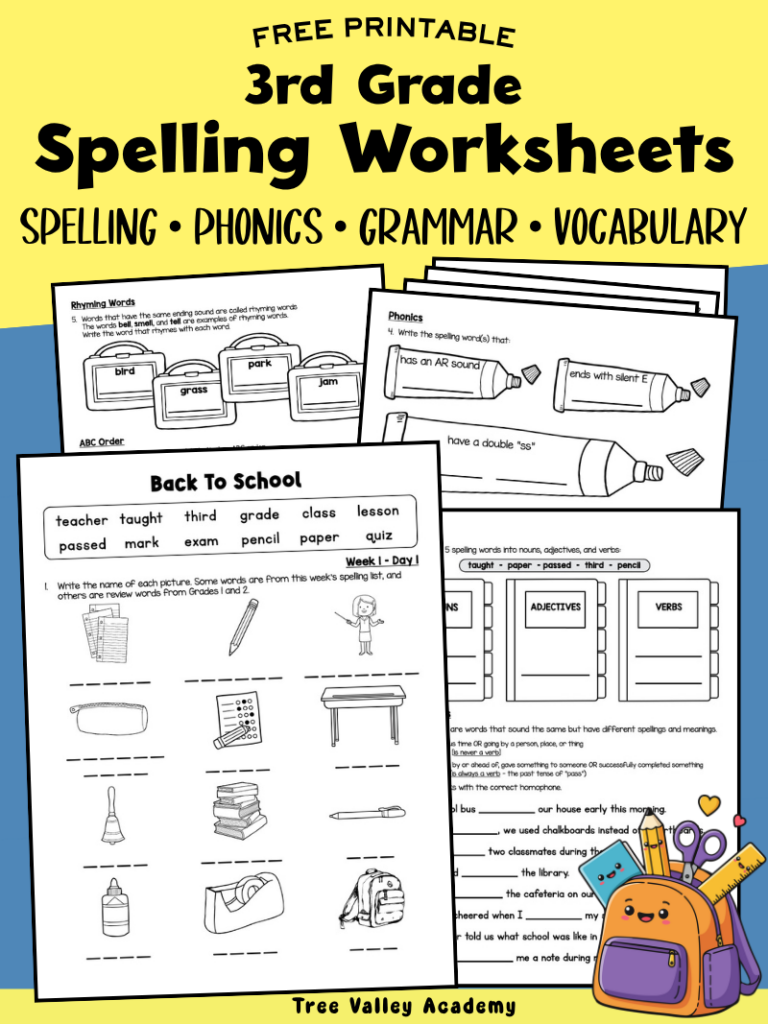 Free printable 3rd grade spelling worksheets for back to school with phonics, grammar, vocabulary, and spelling activities