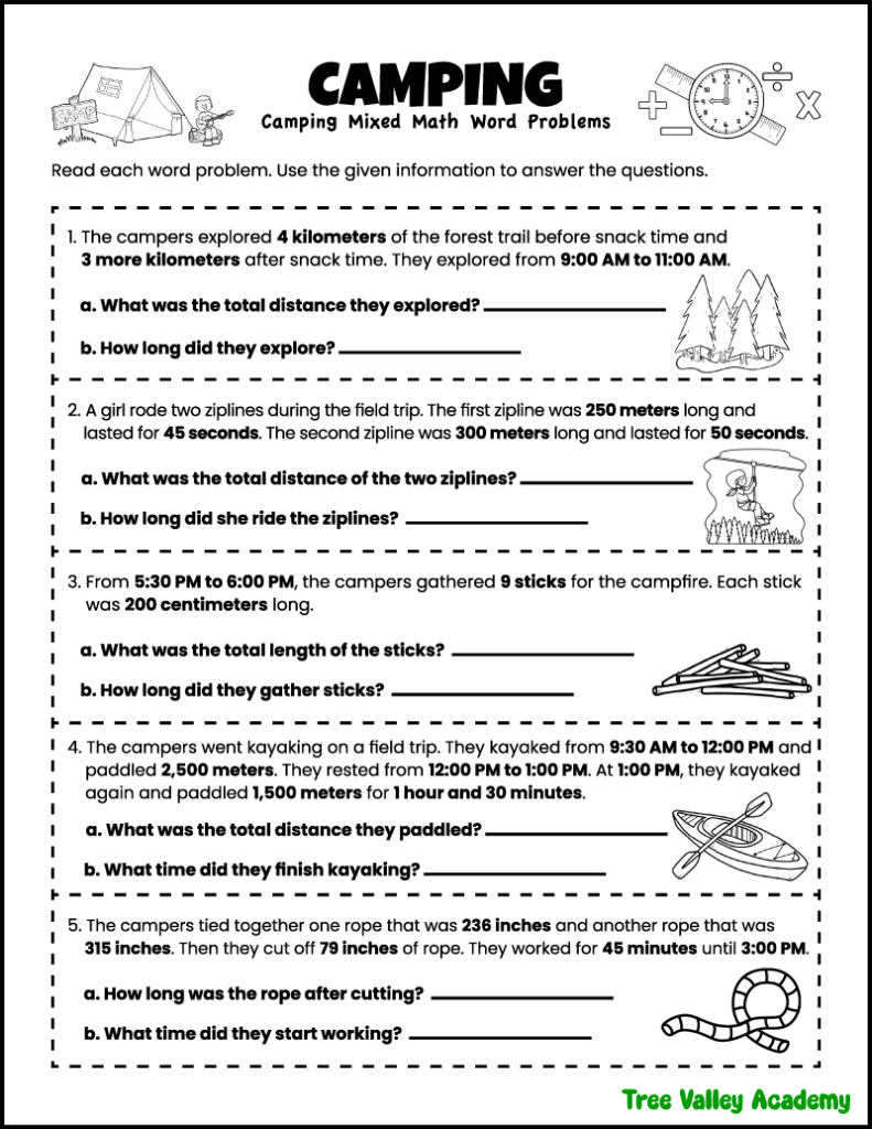 Free printable 3rd grade camping math word problems worksheet with time, measurement, distance, and mixed math story problems.