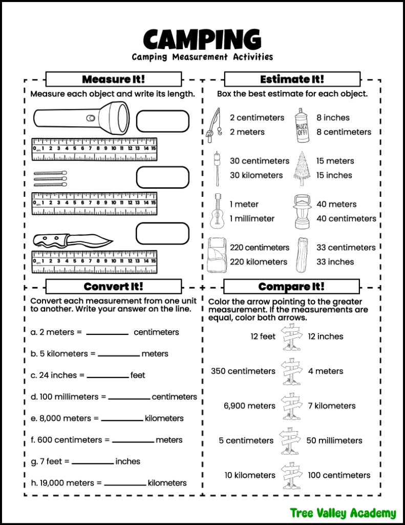 Free printable 3rd grade camping measurement worksheet with measuring objects, estimating lengths, comparing measurements, and unit conversions.