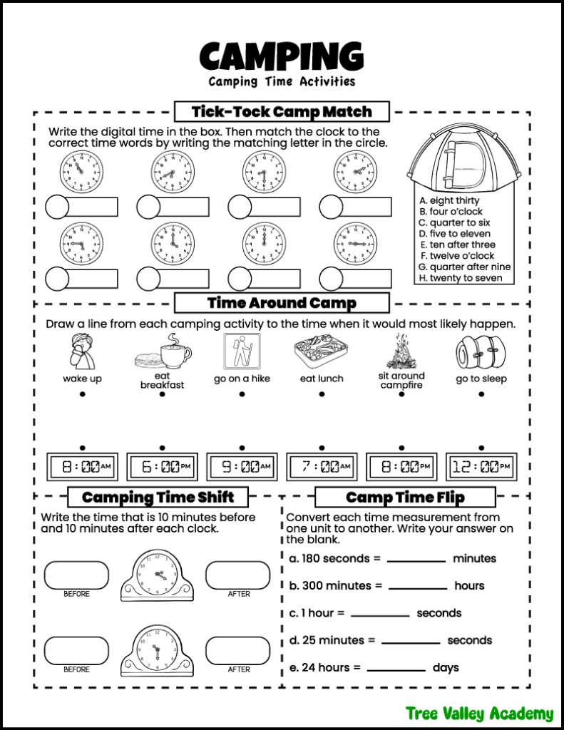 Free printable 3rd grade camping math worksheet with telling time, elapsed time, clock matching, daily schedule activities, and time conversions.