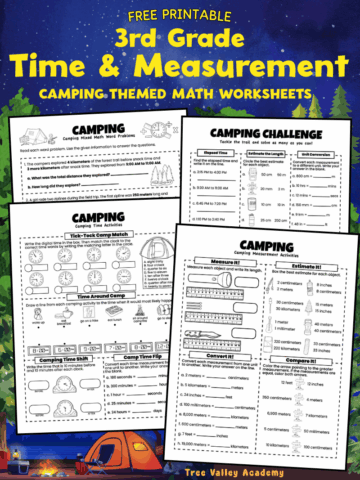 Free printable 3rd grade camping time and measurement worksheets with telling time, elapsed time, measurement, unit conversions, and mixed word problems.